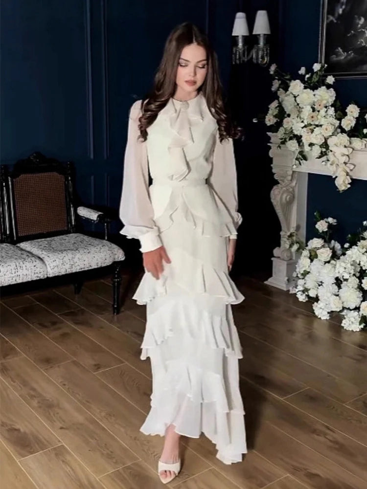 Women's Elegant Layered Ruffle Maxi Dress with Long Sleeves and Belt