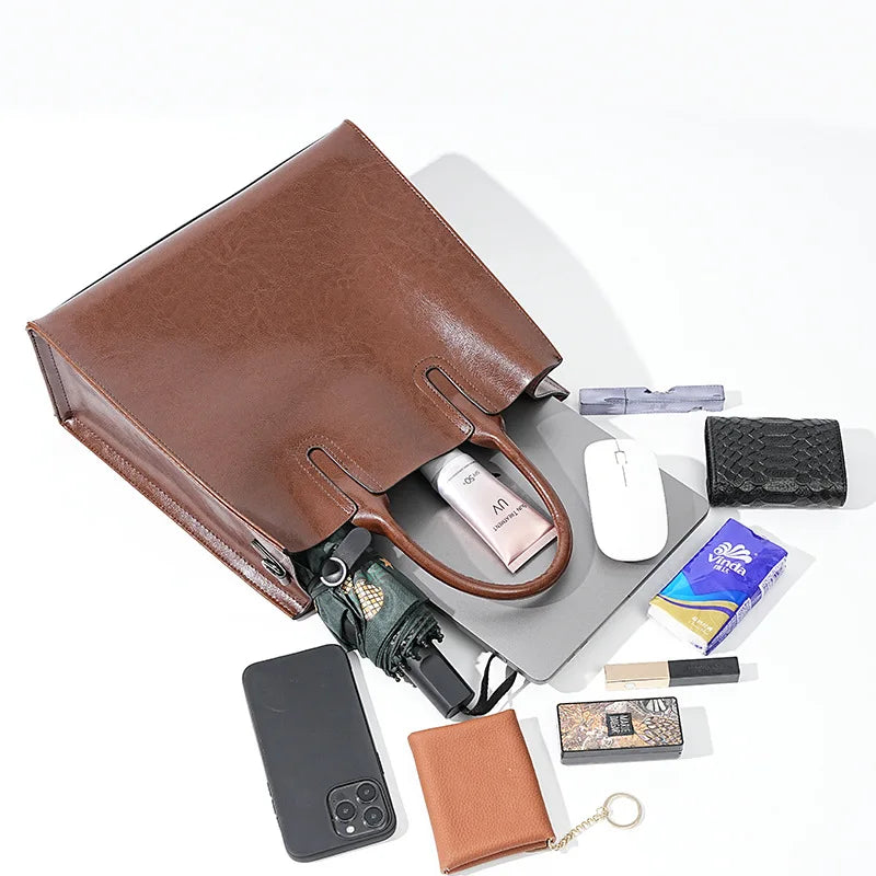 Split Leather Shoulder Bag for Women – Large Capacity Office Tote