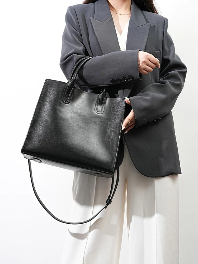 Split Leather Shoulder Bag for Women – Large Capacity Office Tote