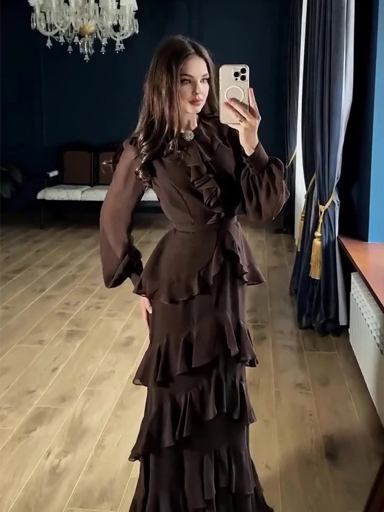 Women's Elegant Layered Ruffle Maxi Dress with Long Sleeves and Belt