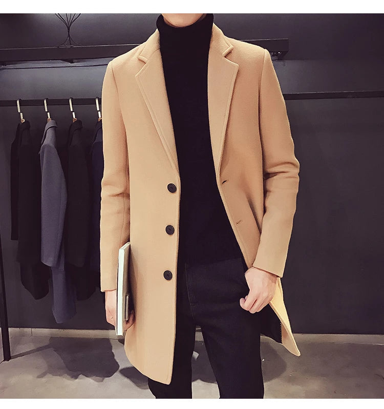 Long Cotton Coat New Wool Blend Pure Color Casual Business Fashion Men's Clothing LADYLYS