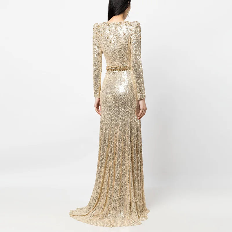Women's Sequin Beaded A-Line Evening Gown with Train