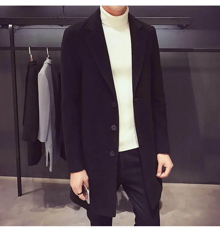 Long Cotton Coat New Wool Blend Pure Color Casual Business Fashion Men's Clothing LADYLYS