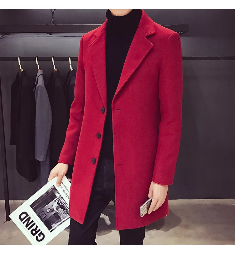 Long Cotton Coat New Wool Blend Pure Color Casual Business Fashion Men's Clothing LADYLYS