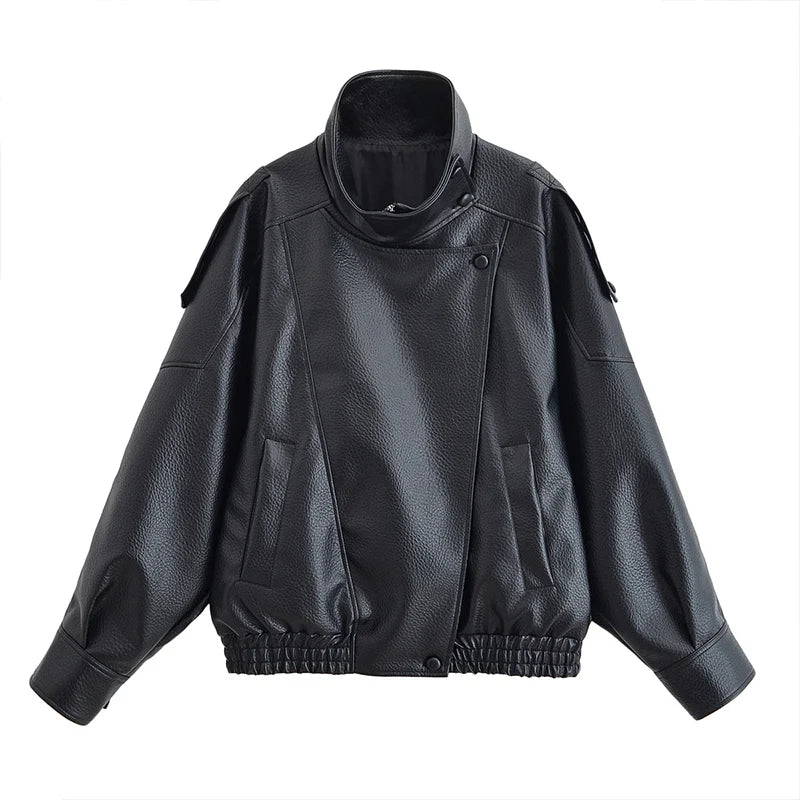 Women's Vintage Leather-Style Jacket with Stand Collar