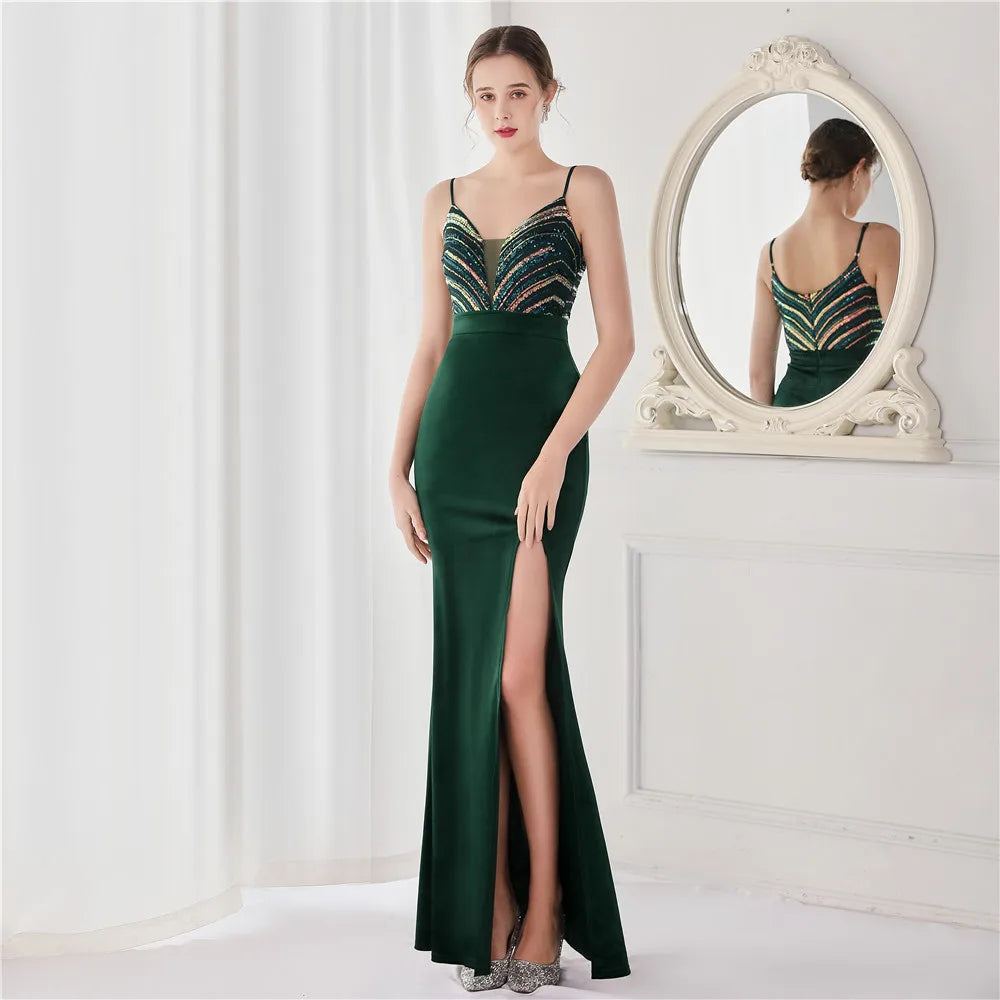 Women's Velvet Beaded Mermaid Evening Dress