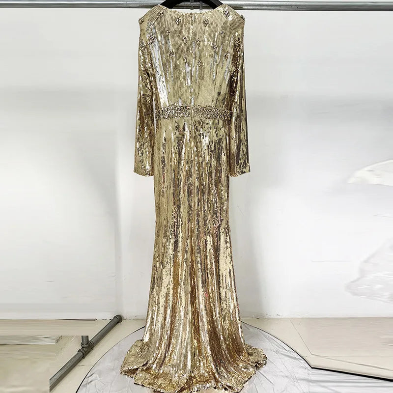 Women's Sequin Beaded A-Line Evening Gown with Train