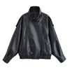 Women's Vintage Leather-Style Jacket with Stand Collar