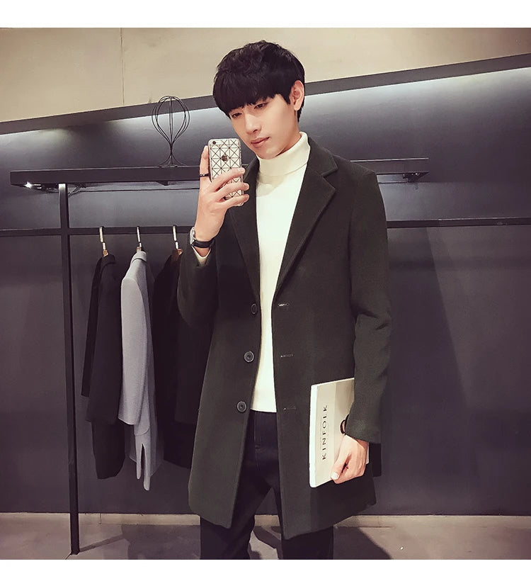 Long Cotton Coat New Wool Blend Pure Color Casual Business Fashion Men's Clothing LADYLYS