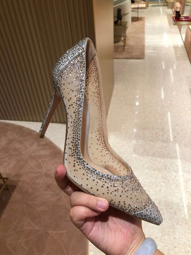 Women's Crystal Rhinestone Mesh Stiletto Pumps – Glitter Heels for Wedding & Party