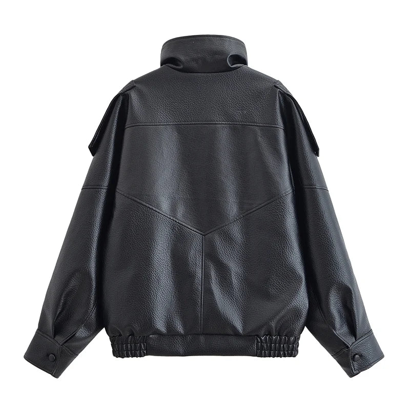 Women's Vintage Leather-Style Jacket with Stand Collar