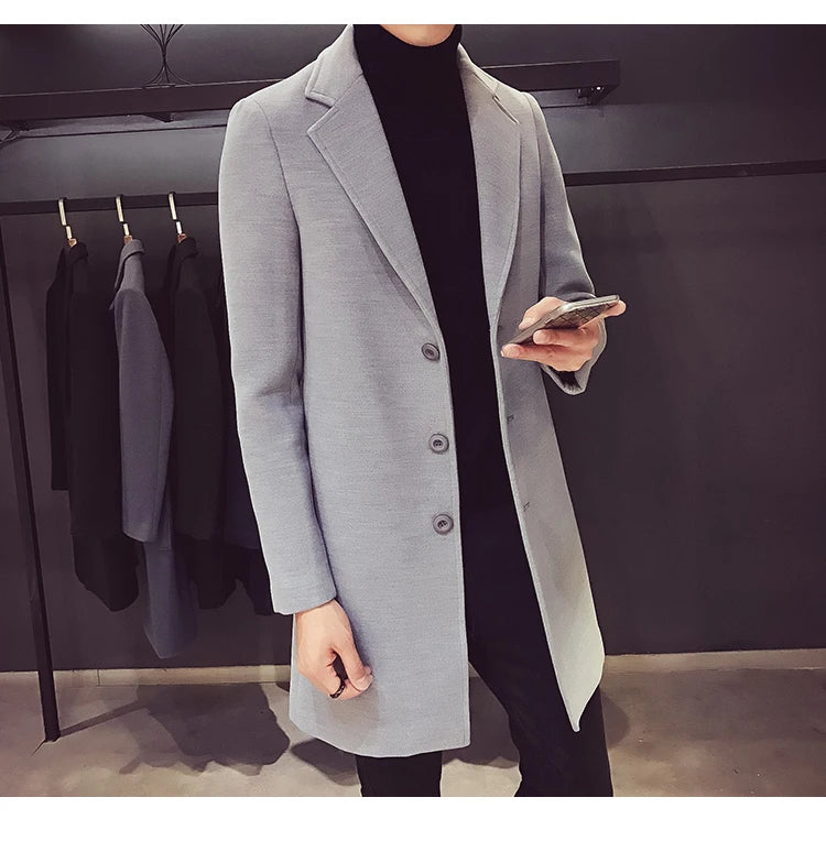 Long Cotton Coat New Wool Blend Pure Color Casual Business Fashion Men's Clothing LADYLYS