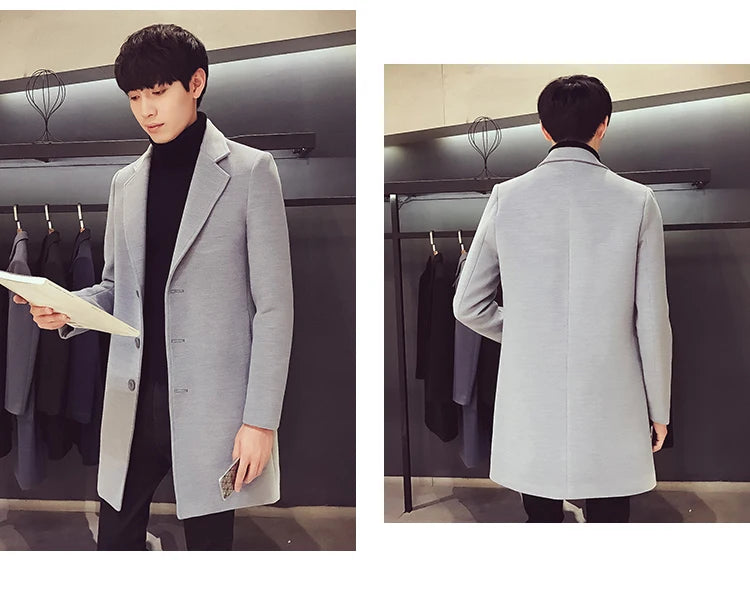 Long Cotton Coat New Wool Blend Pure Color Casual Business Fashion Men's Clothing LADYLYS