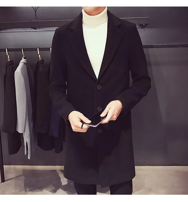 Long Cotton Coat New Wool Blend Pure Color Casual Business Fashion Men's Clothing LADYLYS