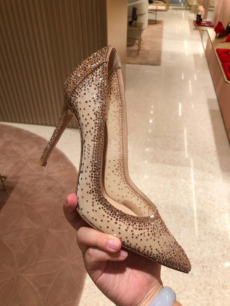 Women's Crystal Rhinestone Mesh Stiletto Pumps – Glitter Heels for Wedding & Party