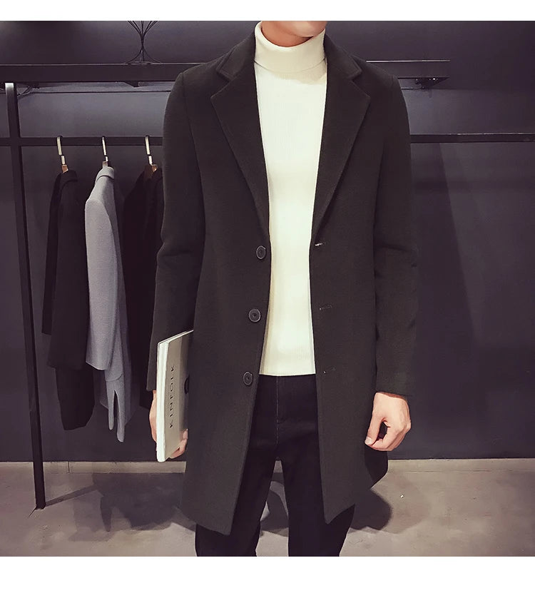 Long Cotton Coat New Wool Blend Pure Color Casual Business Fashion Men's Clothing LADYLYS