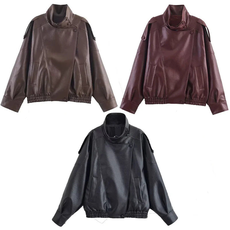 Women's Vintage Leather-Style Jacket with Stand Collar