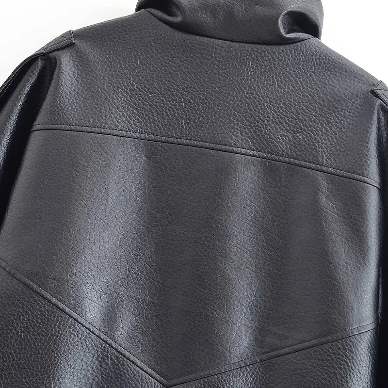 Women's Vintage Leather-Style Jacket with Stand Collar