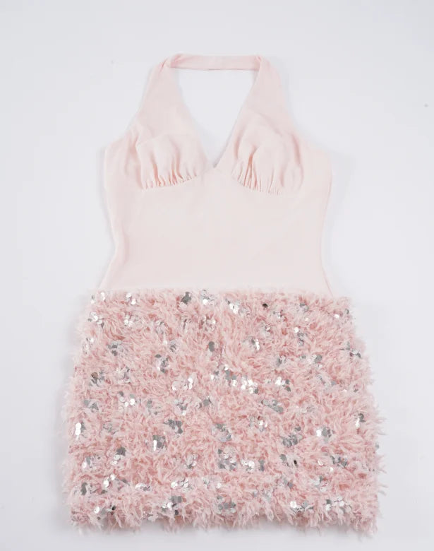 Women’s Pink Sequin Feather-Trim Halter Mini Dress