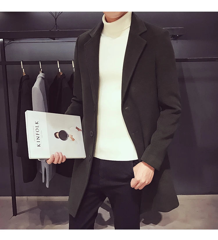 Long Cotton Coat New Wool Blend Pure Color Casual Business Fashion Men's Clothing LADYLYS