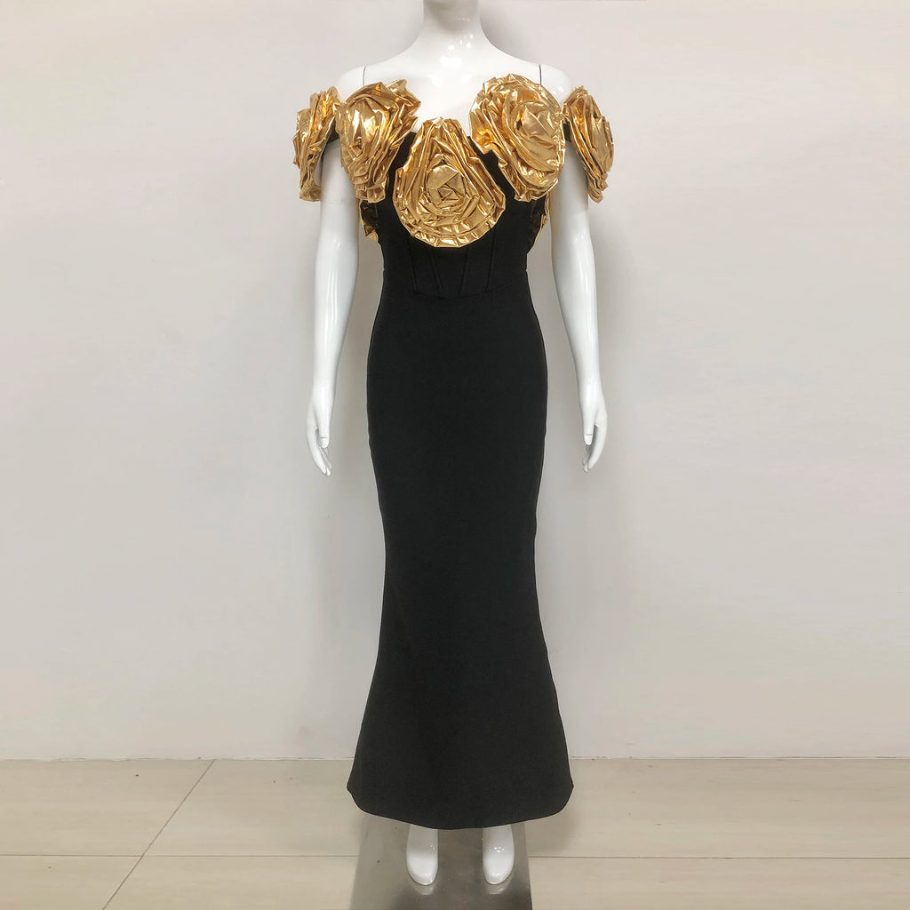 Women’s Black 3D Floral Off-Shoulder Evening Gown
