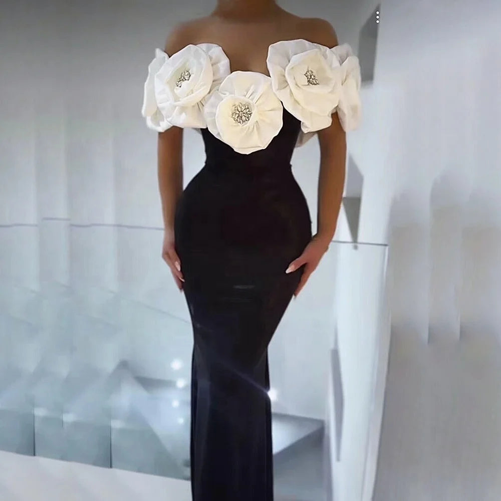 Women’s Black 3D Floral Off-Shoulder Evening Gown
