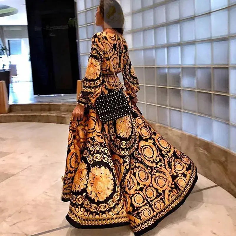 Boho V-Neck Printed Sundress Long Maxi Dress for Summer Long Sleeve Vintage LADYLYS