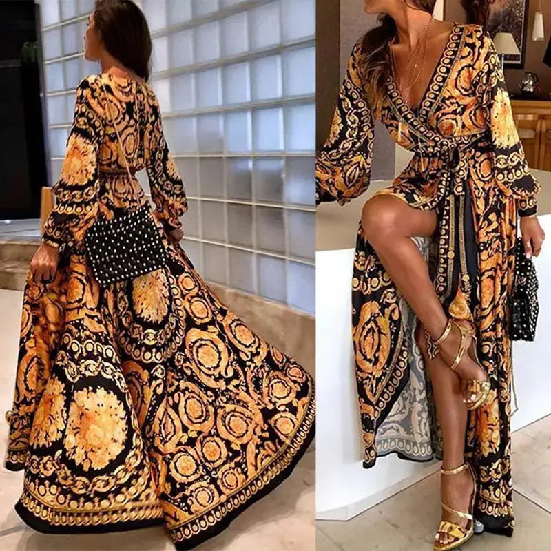 Boho V-Neck Printed Sundress Long Maxi Dress for Summer Long Sleeve Vintage LADYLYS
