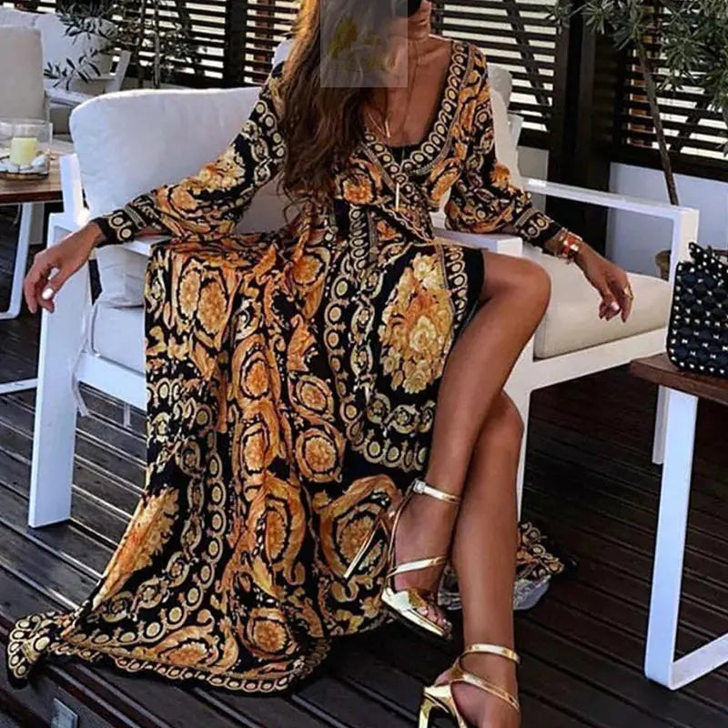 Boho V-Neck Printed Sundress Long Maxi Dress for Summer Long Sleeve Vintage LADYLYS