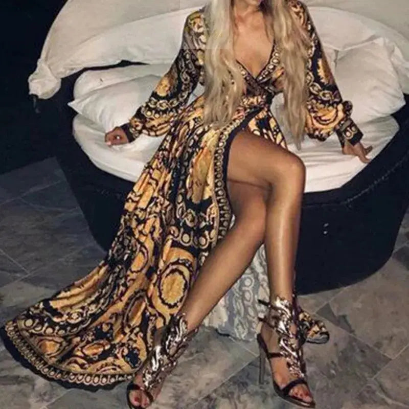 Boho V-Neck Printed Sundress Long Maxi Dress for Summer Long Sleeve Vintage LADYLYS