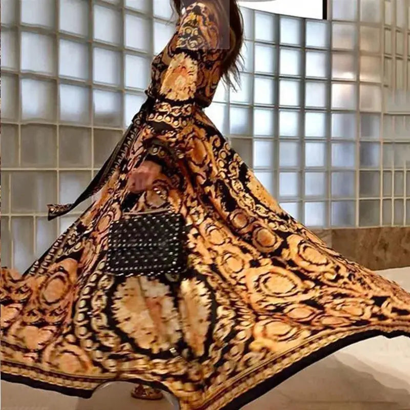 Boho V-Neck Printed Sundress Long Maxi Dress for Summer Long Sleeve Vintage LADYLYS