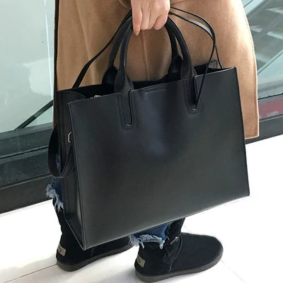 Women's Black Genuine Leather Zip-Up Tote Bag