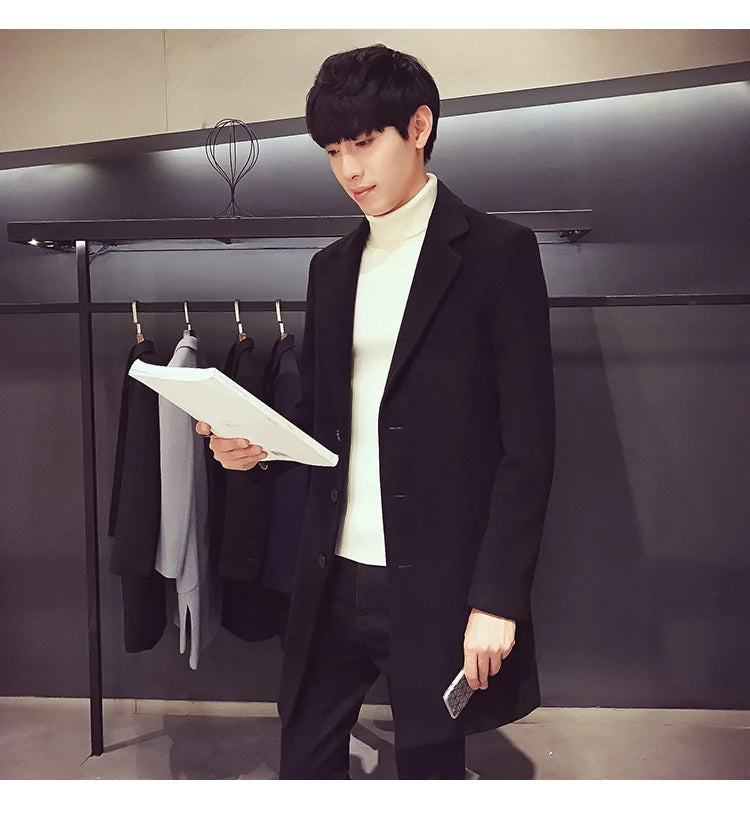 Long Cotton Coat New Wool Blend Pure Color Casual Business Fashion Men's Clothing LADYLYS