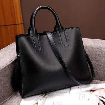 Women's Black Genuine Leather Zip-Up Tote Bag
