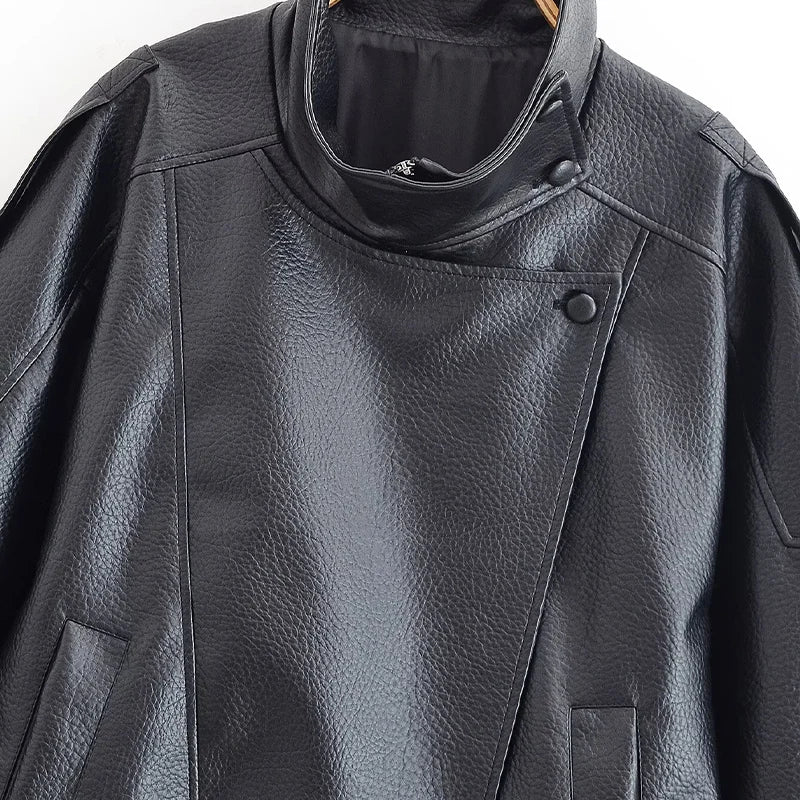 Women's Vintage Leather-Style Jacket with Stand Collar