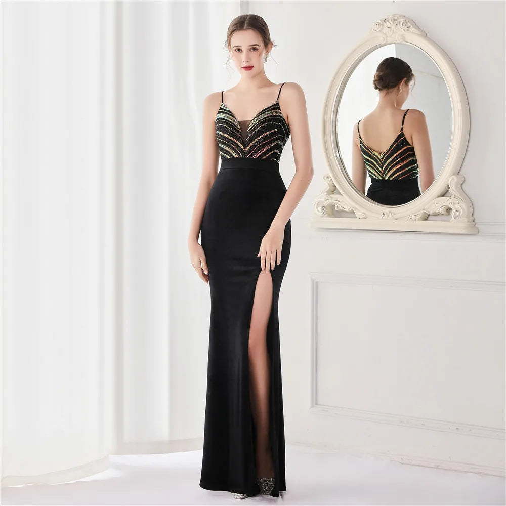 Women's Velvet Beaded Mermaid Evening Dress
