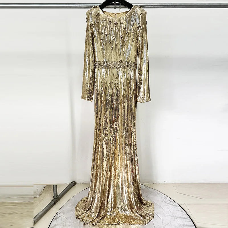 Women's Sequin Beaded A-Line Evening Gown with Train