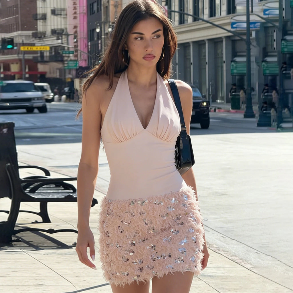Women’s Pink Sequin Feather-Trim Halter Mini Dress