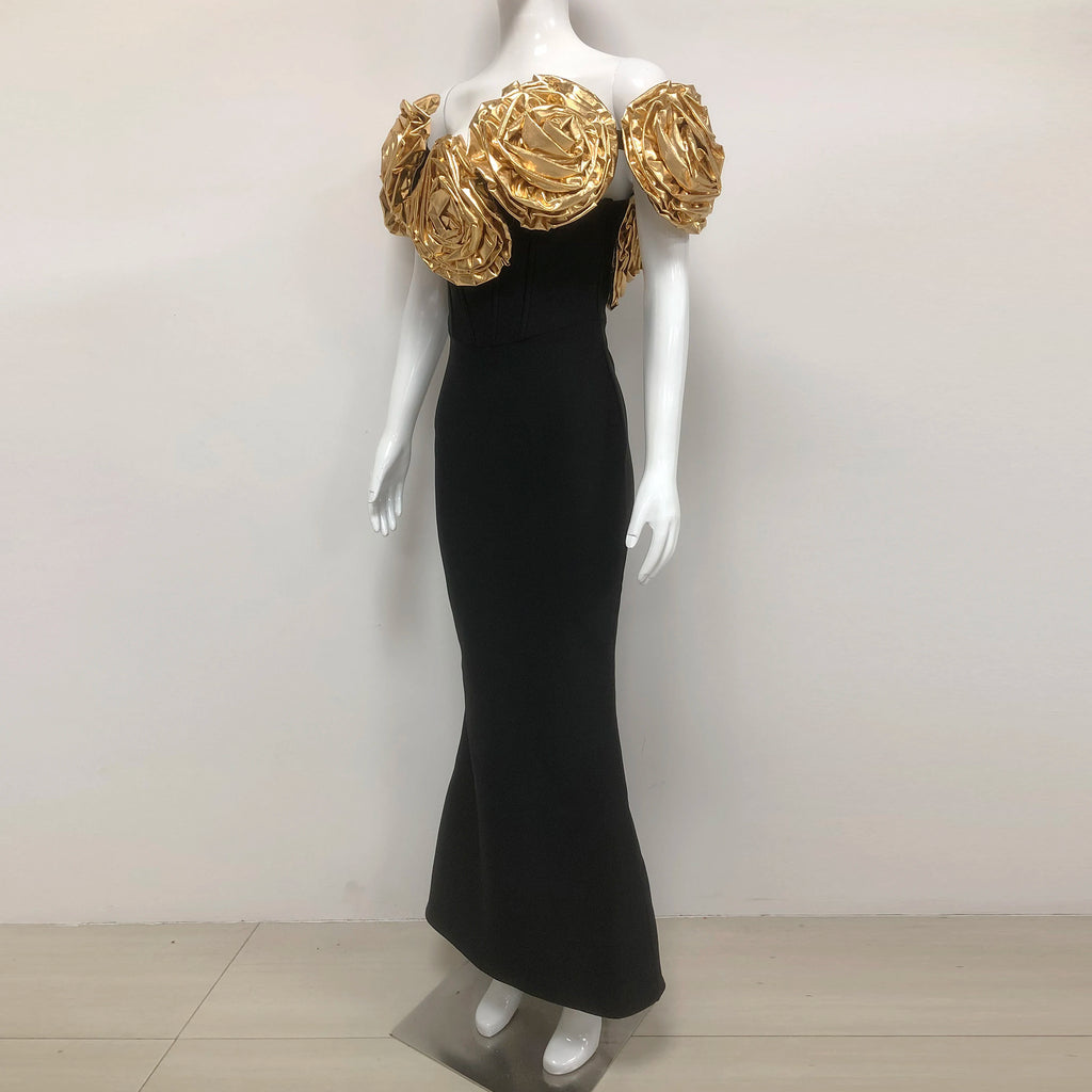 Women’s Black 3D Floral Off-Shoulder Evening Gown