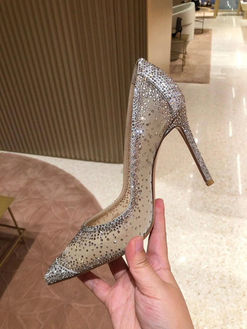Women's Crystal Rhinestone Mesh Stiletto Pumps – Glitter Heels for Wedding & Party
