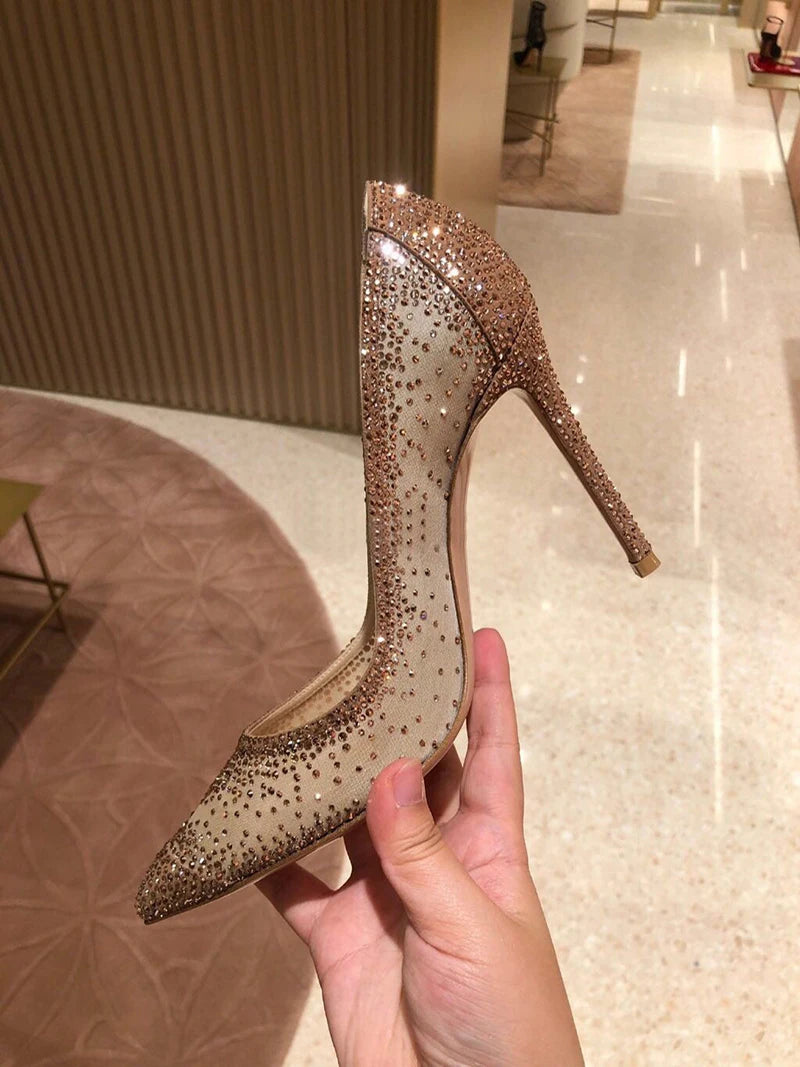 Women's Crystal Rhinestone Mesh Stiletto Pumps – Glitter Heels for Wedding & Party