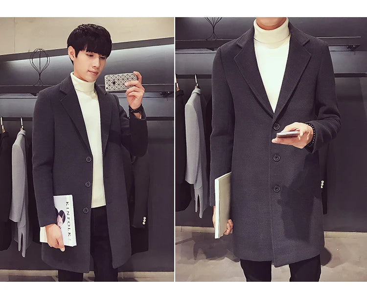 Long Cotton Coat New Wool Blend Pure Color Casual Business Fashion Men's Clothing LADYLYS