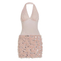 Women’s Pink Sequin Feather-Trim Halter Mini Dress