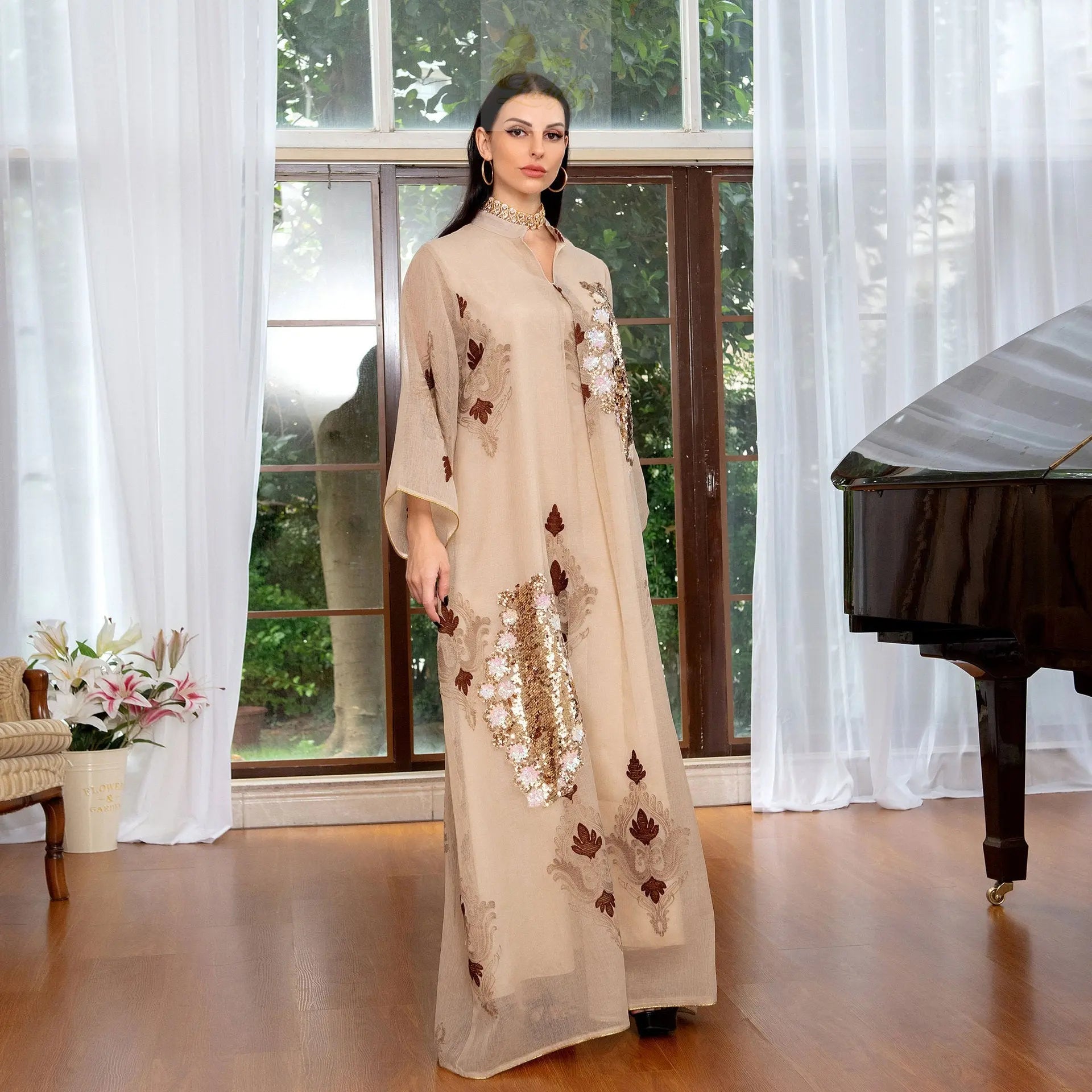 Morocco Dress for Women Muslim Abaya India Stand Collar Abayas Enbroidery Sequins LADYLYS
