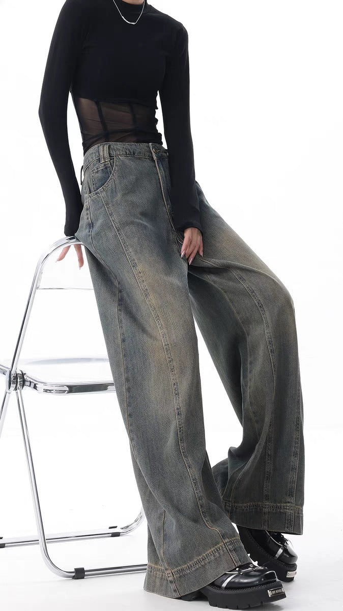 High-Waist Retro Wide-Leg Jeans – Women's Washed Denim Floor-Length Trousers