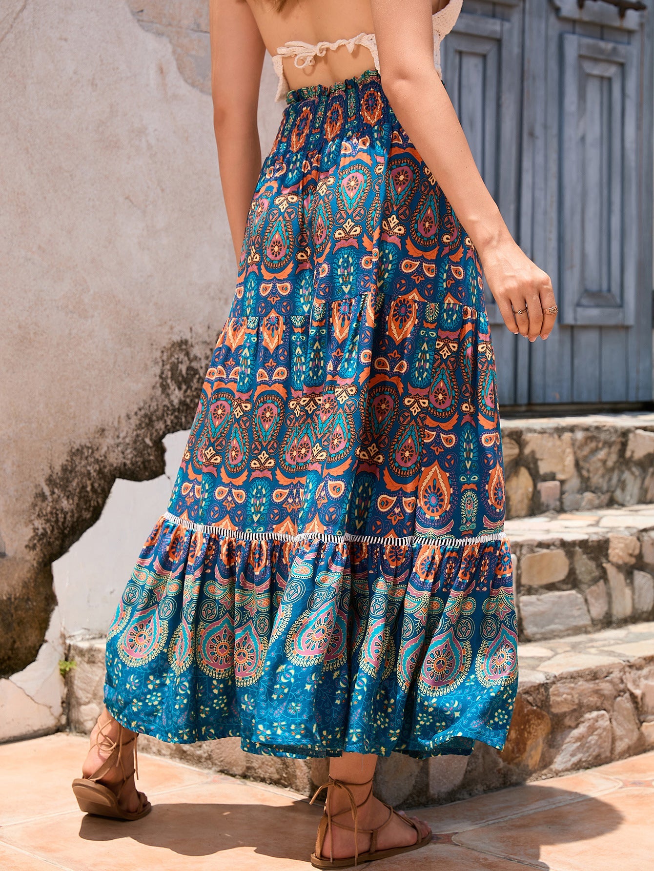 Real-life cross-border holiday style hollow lace stitching rayon beach skirt LADYLYS