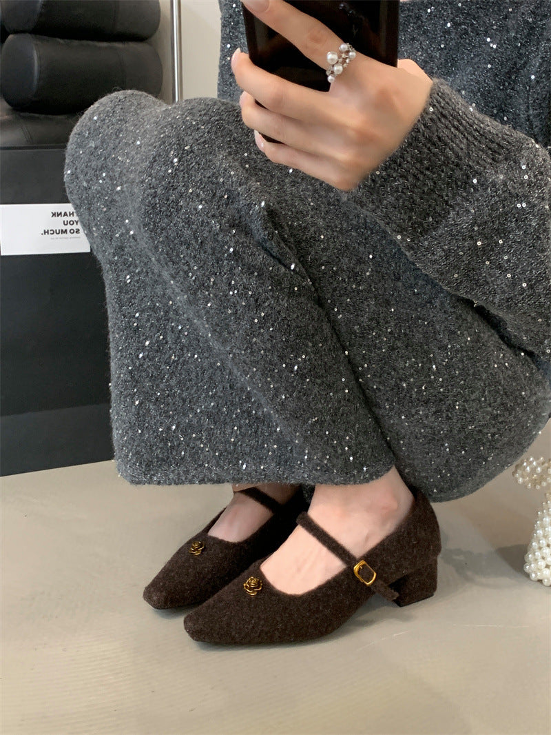 Elegant Woolen Square Toe Shallow Mouth Mary Jane Shoes French Style LADYLYS
