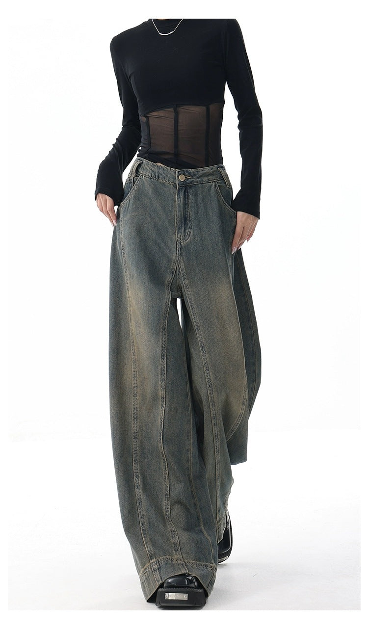 High-Waist Retro Wide-Leg Jeans – Women's Washed Denim Floor-Length Trousers