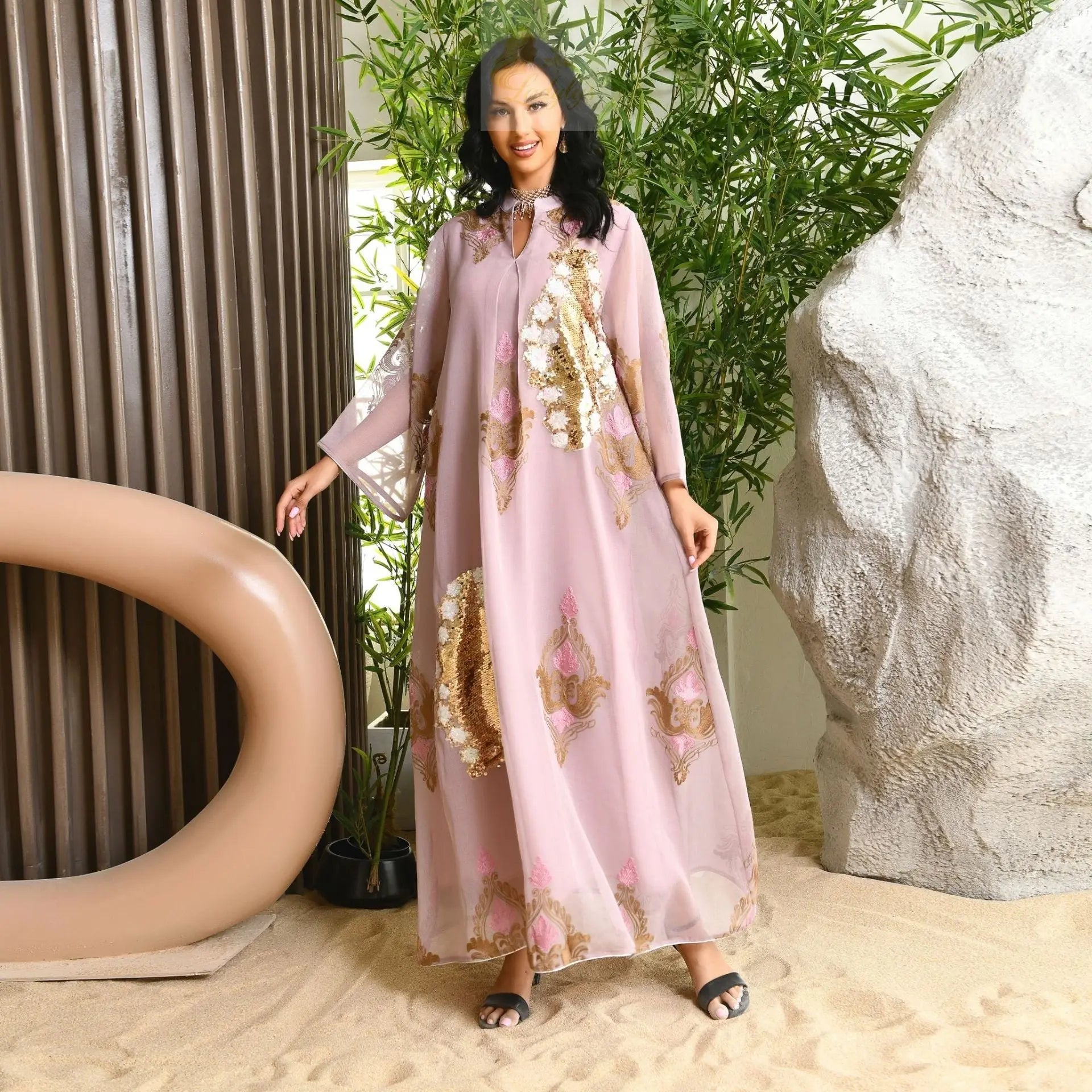 Morocco Dress for Women Muslim Abaya India Stand Collar Abayas Enbroidery Sequins LADYLYS