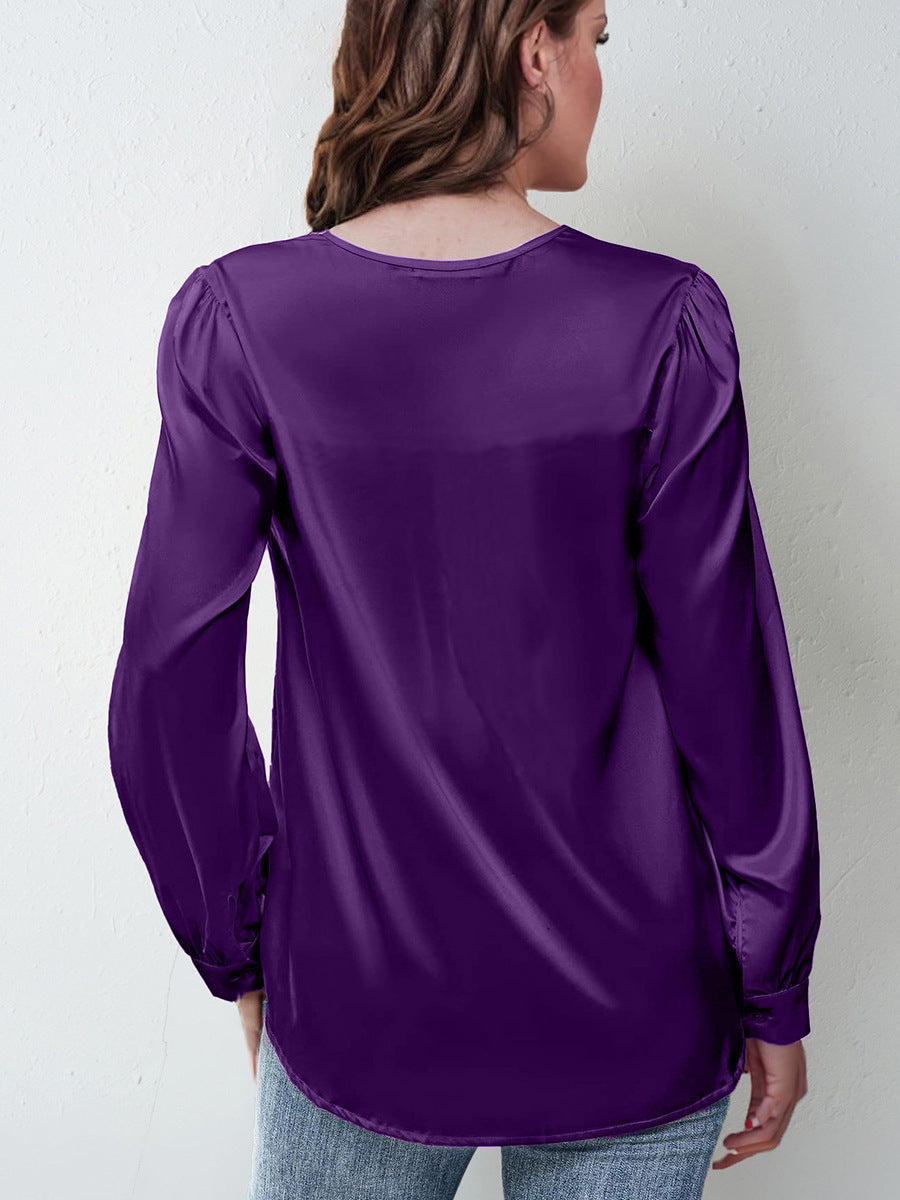 Women's Clothing Satin Pleated Long-Sleeve Top V-Neck Shirt LADYLYS